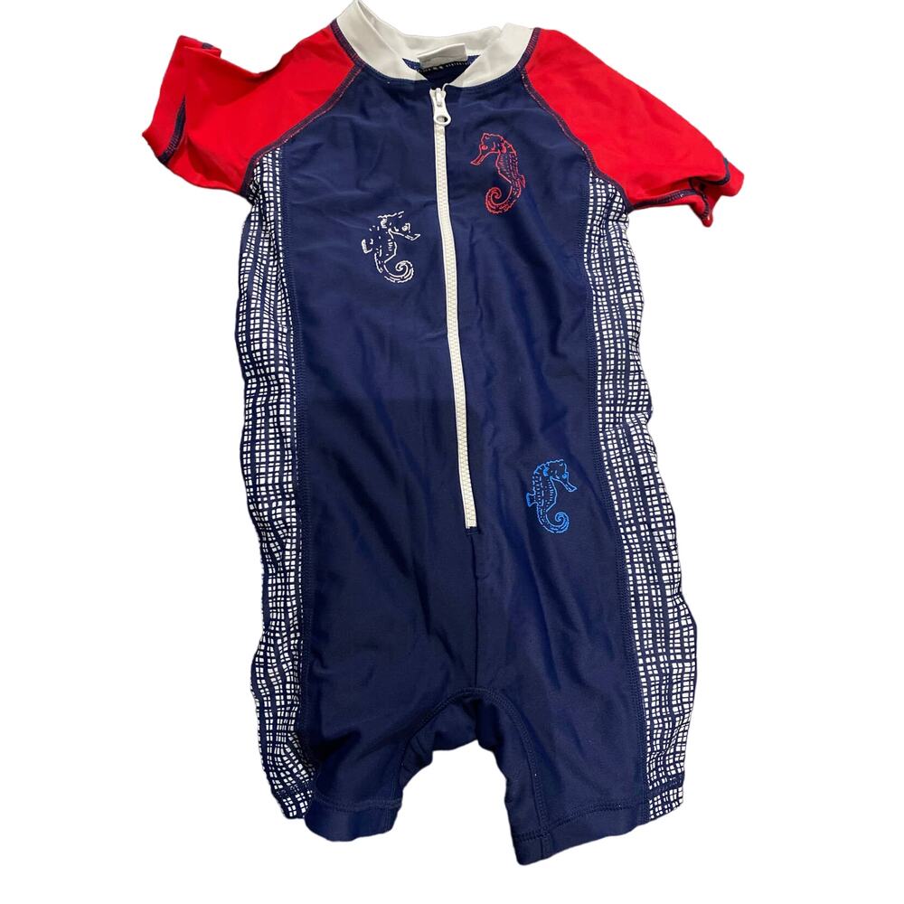 Hanna Andersson navy blue and red Zip Down one piece Bathing Suit size 85